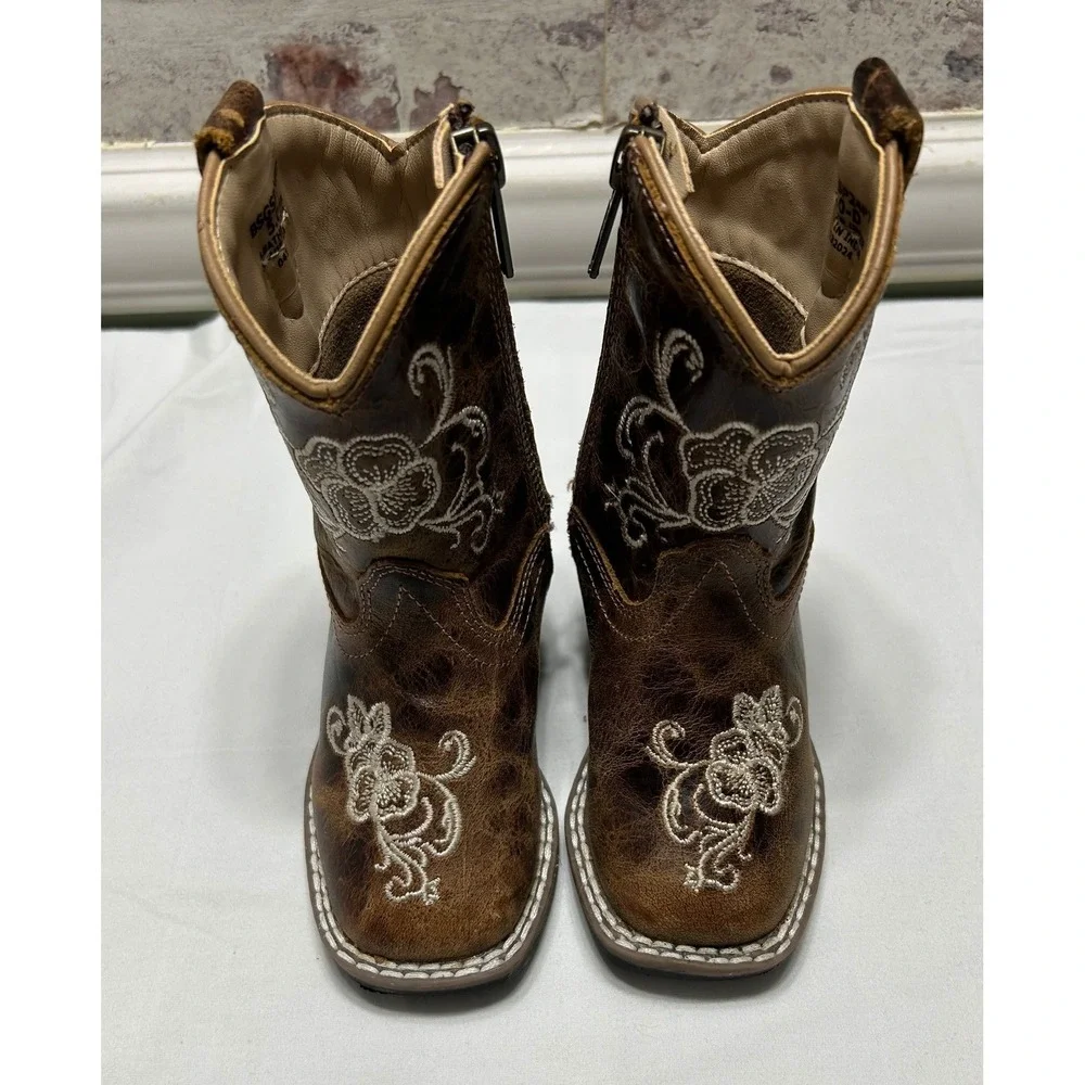 Girls Brown Leather Floral Embroidered Western Cowboy Boots BSGSP24P7 Size 5.0 D